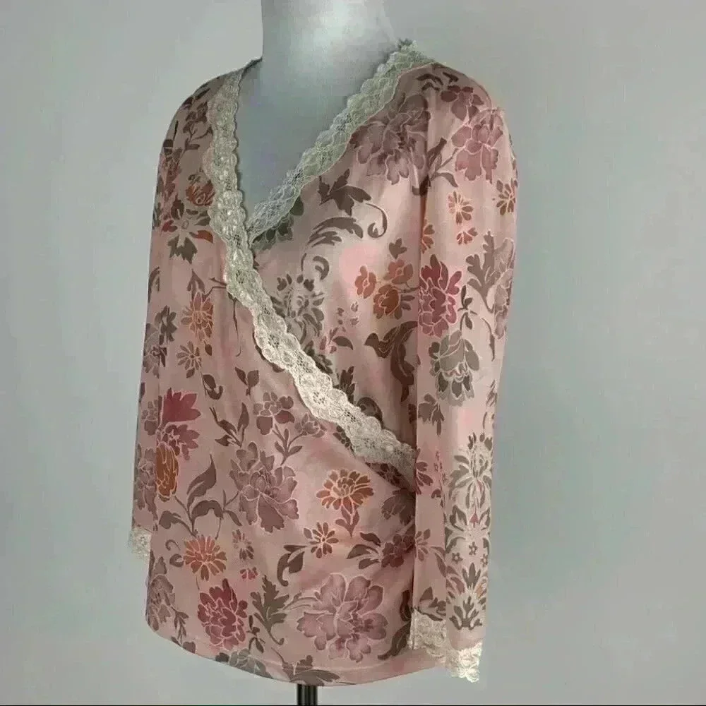 Nine West top sz large multicolored floral faux wrap 3/4 sleeve 90s Y2k vintage